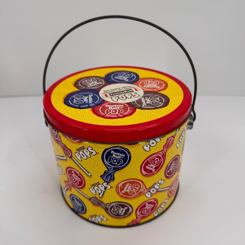 Tootsie Roll Pop Limited Edition Vintage Tin Yellow Bucket Wire Handle Collector
